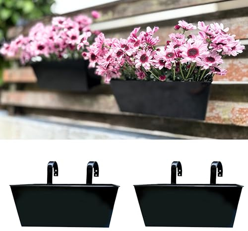LaLaGreen Railing Hanging Planters (2 Pack, 16 Inch) Large Black Metal Strawberry Flower Pots Outdoor Countryside Modern Rectangle Succulent Planter with Drainage Holes Hanger Balcony Deck Fence Porch