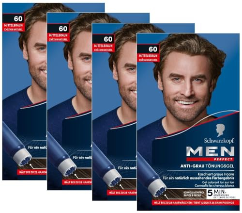 Men Perfect Gel de tinte antigris 60 marrón medio (4 x 80 ml), tinte para el cabello de los hombres que difuminan las canas, tinte antigris para un resultado de aspecto natural