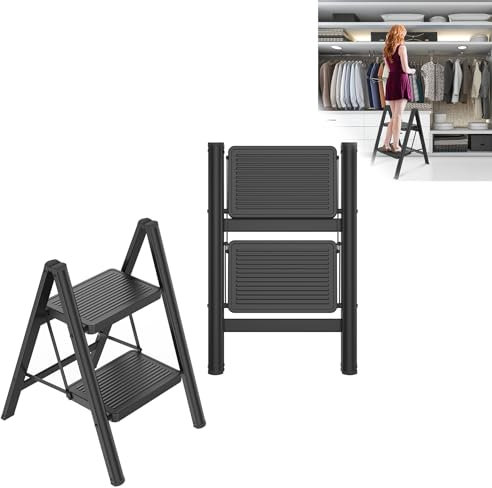 LZQ Escalera plegable de 2 peldaños con pedal ancho, escalera plegable ligera, antideslizante, con seguridad plegable de hasta 270 kg, para el hogar, la cocina, color negro
