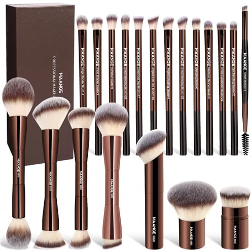MAANGE 20 Pcs Makeup Brushes with Gift Box, Double-End Multi-functional Makeup Brushes for Blending Liquid Powder Concealer Cream Blush Buffe，brown