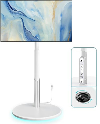 LLDEPLL Floor Mobile TV Stand with Power Outlet, Rolling TV Cart for 27-65 Inch OLED LED Monitors, 6 Levels of Height Adjustment, Ambient Lighting on The Bottom Wheels Holds up to 88lbs, 400x400mm