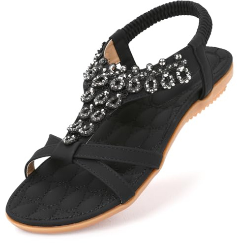 Amissz Femmes Sandales Plates Été Casual T-Strap Strass Bohème Fleur Glisser sur Les Chaussures Tongs de Plage Vacances