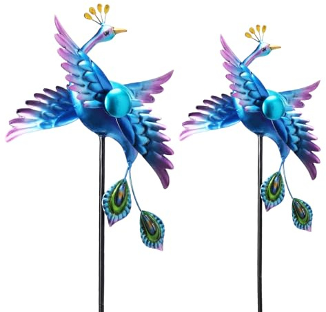 WONDER GARDEN Wind Spinners Outdoor - 2 Pack Small Metal Blue Peacock Wind Spinner Windmill, Wind Sculpture for Yard Patio Lawn Decor