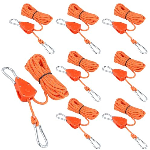 FUNSUEI 8 corde riflettenti con tendicavo da 4 mm, 4 m, colore arancione con gancio, corda a cricchetto, gancio con moschettone per campeggio