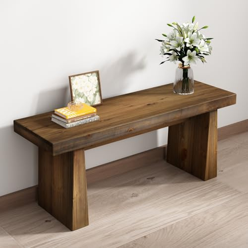 Wnutress 43 Farmhouse Solid Wood Benches Indoor with Wide Angled Legs, Rustic Long Entryway Bench Seat for Dining Table, Kitchen, End of Bed, Living Room, Hallway, Handcrafted Finish, Natural
