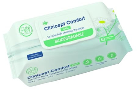 Clinicept Comfort Biodegradable Sensitive Premium Full Body Adult Cleansing Wet Wipes Large Refreshing Rinse Free Fragrance-Free Bed Bath Intimate Care Soft Sheets. Used by NHS - 80 Wipes
