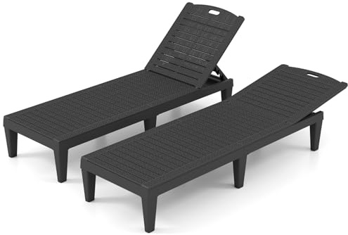 COSTWAY Garden Sun Loungers Set of 2, 5-Level Adjustable PP Rattan-Style Patio Reclining Chaise Lounge Chair Deck Sunbed, Outdoor Sunbathing Seat Recliner Chairs for Balcony Poolside Beach (Black)