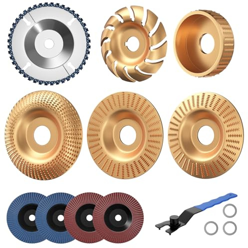Confezione da 11 dischi da taglio per legno per smerigliatrice angolare, dischi abrasivi per legno, scultura del legno e disco per troncare, ruote abrasive, chiavi universali e anelli di adattamento