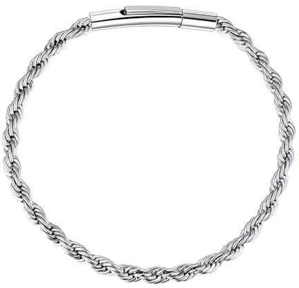 BBXBD Stainless Steel Mens Rope Link Bracelet, Miami Chain Bracelets for Men, 4mm Wide 7.5 8 8.5Inch Hip Hop Mens Bracelets,Gift for Father Husband Son men chain