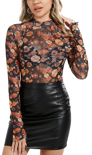 Enjyam Dam Mock Neck Lace Sheer Toppar Halvtransparent baslager Pullover