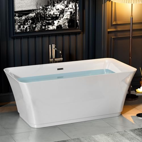 Empava 59 Freestanding Bathtub, Acrylic Deep Soaking Tub, Modern Stand Alone Tub with Anti-Slip Surface, Adjustable Feet & Drain Overflow Included, White, cUPC Certified