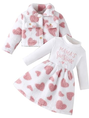 Miutii 2 st baby flicka klänning vinterklänning fleece kofta småbarn långärmad t-shirt klänning plysch kläder set, ROSA, 110/116 cm