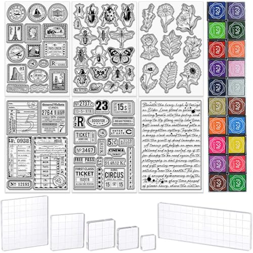 TWINKLEMON 32 Pcs Clear Stamps for Card Making Includes 6 Sheets Vintage Silicone Stamps 20 Craft Ink Pad 6 Acrylic Stamp Block, Background Stamp for Crafting DIY Scrapbooking Journal