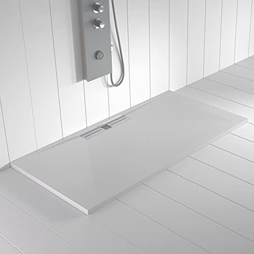 Plato de ducha resina WIDE desagüe lineal lateral color Blanco 100x70 textura pizarra antideslizante rejilla inox con válvula