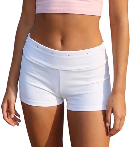 Edhomenn Womens Cowgirl Shorts Y2k Fold Over Mini Shorts Summer Dance Rave Festival Outfits Faux Suede Studs Micro Shorts Sexy Hot Pants Western Hippie Clothes (A02 White, S)