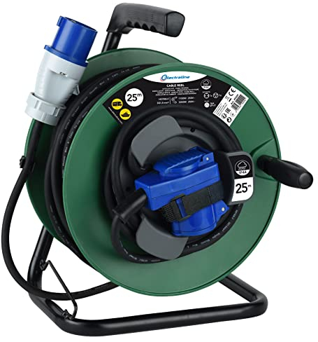 Electraline 49209, Kabeltrommel Industriel H07 RN-F 3G1,5 25 m Kabel - IP44 outdoor/Kabelrolle mit Gummiverlängerung, mit 2 Steckdosen (Schuko + Industriel) / Kabelbox mit Verlängerungskabel