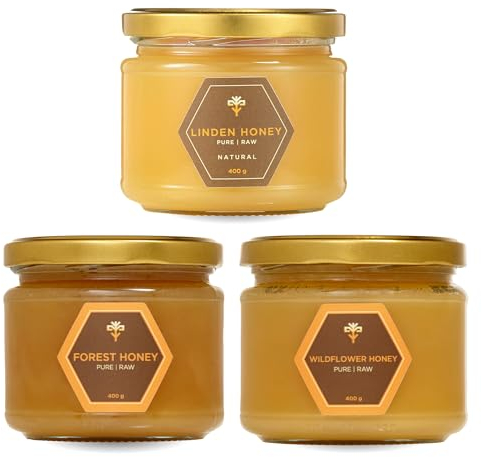 Earthbreath Pure Raw Honey - 3 Jars of Linden, Forest, Wildflower (400g each) - Unpasteurised & Unfiltered - Natural Sweetener for Cooking, Coffee, Tea, Juice, Drinks, Food