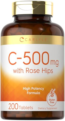 Carlyle Vitamin C 500mg | with Rose HIPS | 200 Tablets | High Potency Formula | Vegetarian, Non-GMO, Gluten Free Supplement