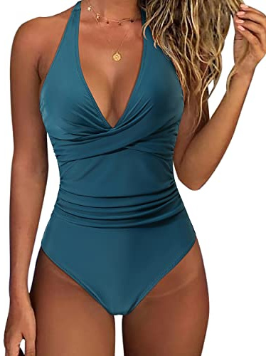 RXRXCOCO Women Cross Push Up Tummy Control One Piece Halter High Waisted Swimming Costume Swimsuits Swimwear