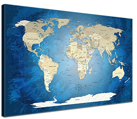 LANA KK Stilvolle Pinnwand Weltkarte - Blue Ocean - Deutsch in 80 x 60 cm, stabile Rückwand zum Pinnen inkl. Starterkit - Leinwand-Kunstdruck Wandbild Landkarte XXL