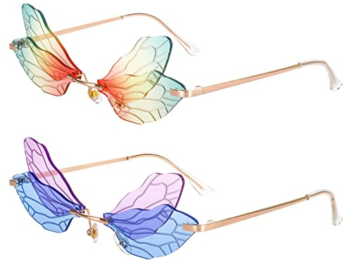 FANTESI Lot de 2 lunettes de soleil sans monture libellule lunettes de soleil femmes papillon personnalité fête accessoires de mode pour femmes filles, Colorful, 6*6*0.5