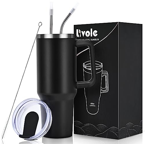Livole 1200 ml dryckesmugg med lock och sugrör, rostfritt stål termosmugg med handtag, dubbelväggig kaffemugg to go, vakuumisolerad tumblermugg för camping, sport, bil, kontor, svart
