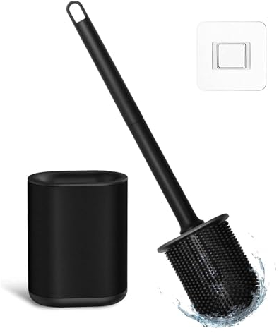 Black Silicone Toilet Brush Set, Silicone Toilet Brushes and Holders with Soft Flexible Bristles and Long Non-Slip Plastic Handle, Anti-drip Base Toilet Brush for Toilet Bathroom
