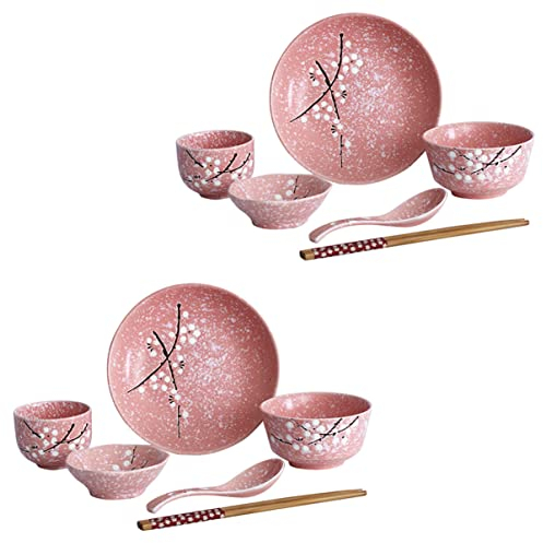 MAGICLULU Set Stoviglie Per La Casa in Ceramica Giapponese Rosa 12 Pezzi, Kit Posate Creative Ciotole, Piatti, Tazze e Bacchette, Per Uso Domestico e Ristoranti