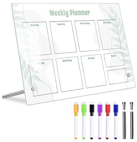 Weekly Planner Board for Wall - Acrylic Dry Whiteboard, Weekly Desktop Whiteboard, Acrylic Portable Whiteboard with Easel, Reusable Planner Whiteboard Calendar, Whiteboard with 6 Markers