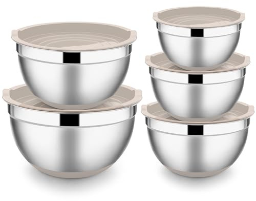 HaWare Juego de 5 cuencos para mezclar, de acero inoxidable, con tapa hermética y base de silicona antideslizante, apilables y versátiles, aptos para lavavajillas, 6,6 L, 3,5 L, 2,5 L, 1,5 L, 1 L,