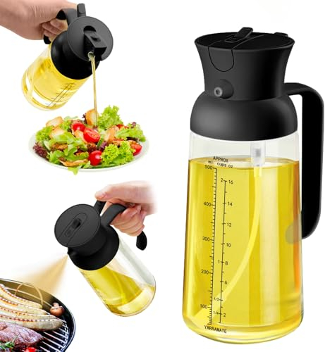 YARRAMATE 18oz/550ml Olive Oil Sprayer Mister with Measuring Scale, 2-in-1 Glass Bottle Dispenser for Cooking, Pour and Spray, Kitchen Use for Air Fryer, BBQ (Black)