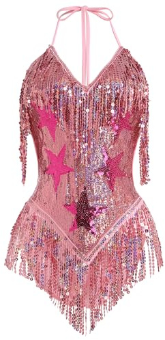 IBAKOM Women's Music Festival Sexy Glitter Fringe Skirt Dress V Neck Star Sequins Fringe Bodysuit Party Nightclub Costume Carnival Rave Outfit Pink M