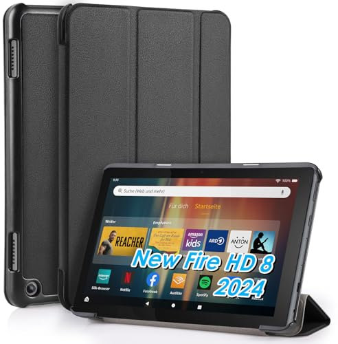 WD&CD Custodia Compatibile per Amazon Fire HD 8 2024/2022 / 2020 8, Ultra Sottile Smart Pelle Cover con Sonno/Sveglia la Funzione Compatibile per Fire HD 8 2024/2022 / 2020 8 Tablet, Nero