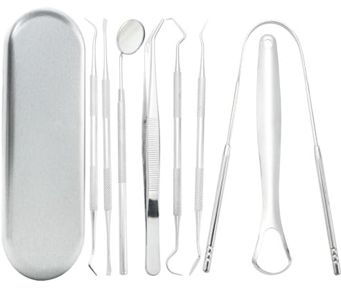 8 teiliges Zahnreinigungsset aus Edelstahl – Zahnarzt Instrumente – Zahnarztspiegel – Zungenschaber – Zahnreinigungsset professionell – geeignet für Mundhygiene – Zahnreinigung und Zahnpflege