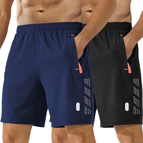 kuzwufs Pantalones Corto De Correr Pantalón Corto Atletismo Deporte Hombre Paquete De 2 Aire Libre Ligero Shorts para Tenis Negro/Azul Marino-XL