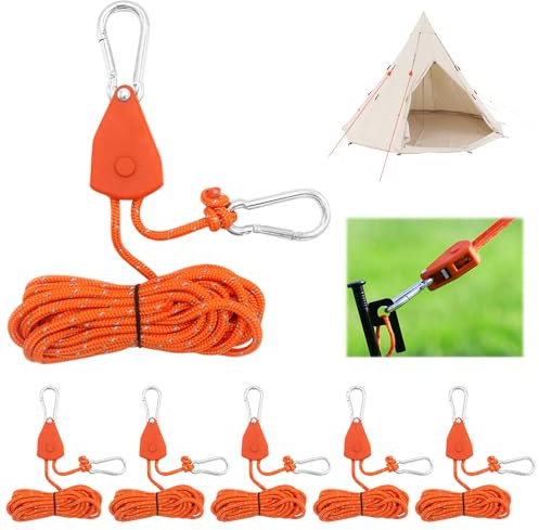 CLIUNT 6 Stück Reflektierend Abspannseile Seil mit Seilspanner, 5M 4mm Seilratsche mit Haken,Einstellbare Seil Ratsche,Seil Ratsche Kleiderbügel Aufhänger, für Zelten,Ventilatoren,Pflanzenleuchten