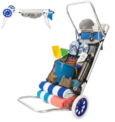 DEVESSPORT Carro de Playa Multifunción Convertible en Mesa Plegable | Ruedas Grandes, Aluminio Ligero, Bolsa de Red y Diseño Compacto para Transporte y Comodidad en la Playa o Camping