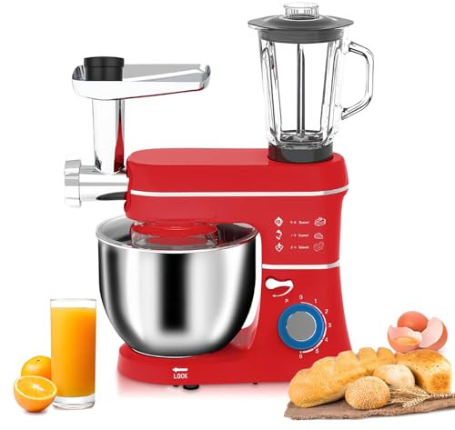 Stand Mixer 10L, 5-IN-1 Fermenta-tion Electric Kitchen Mixer, 6 Speed Tilt-Head with Stainless Steel Bowl, 1.5L Glass Jar, Meat Grinder, Dough Hook, Whisk, Juice Blender, Pasta Attachment,Red