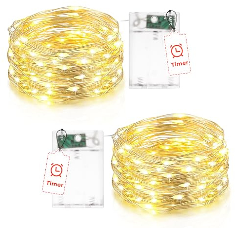 Flaspar Catena luminosa a LED a batteria con timer, 5 m, 50 LED, filo di rame, per interni, funzionamento a batteria, per feste, Natale, Halloween, matrimoni, decorazione bianca calda, 2 pezzi