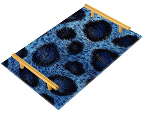 Bandeja de transporte decorativa con textura de piel de leopardo azul con asas para servir al aire libre para joyas, perfumes, para servir charolas para servir comida