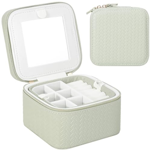 DesignSter Travel Jewellery Box, Small Wheat Travel Jewellery Case Organiser with Mirror, 2-Layer Portable PU Jewellery Storage Box for Women Girls, Green