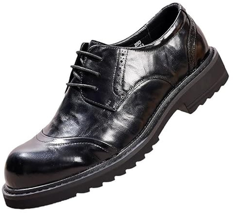 Mens Wide Toe Box Derby Shoes Platform Sole Full Grain Leather Brogue British Style Business Casual Footwear(7.5) Black