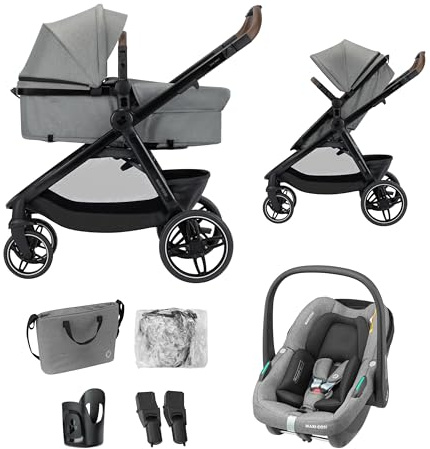 Maxi Cosi Zelia Select Trio, Passeggino Trio Con Seggiolino Auto, 0-4 anni (0-22 kg), Passeggino Neonato Compatto e Reversibile, Seggiolino Auto CabrioFix S i-Size e Borsa Passeggino, Grigio
