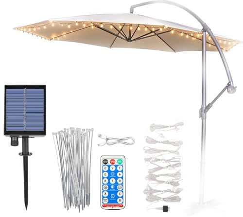 Lámpara Solar para Sombrilla, 104 LED Luces de Sombrilla de Patio, Impermeables IP65 Luces para Parasol con Control Remoto, 8 Modos de Iluminación, Iluminación Decorativa para Tiendas de Campaña