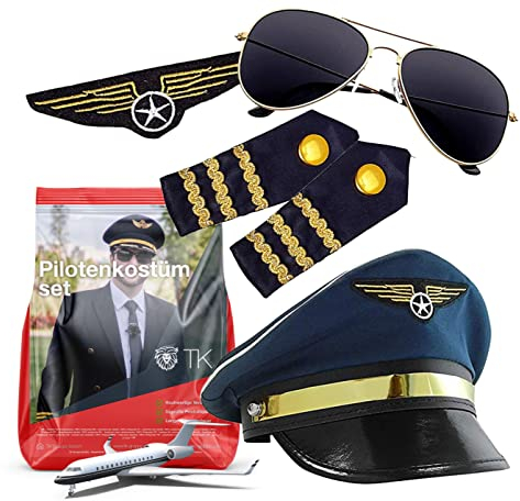 Pilot Set Kapitän Fasching Karneval für Herren Kostüm mit Schulterklappen Streifen, Pilotenhut, Pilotenmütze, Abzeichen für Pilotenkostüm