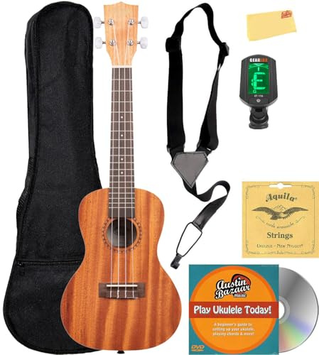 Kala KA-15C Satin Mahogany Concert Ukulele Bundle with Gig Bag, Tuner, Strap, Strings, Austin Bazaar Instructional DVD, and Polishing Cloth