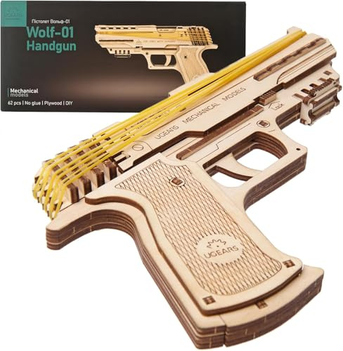 Ugears Wolf-01- Kit de Montaje de Pistola - Monta tu Pistola Que Dispara Gomas - Puzzle 3D Madera