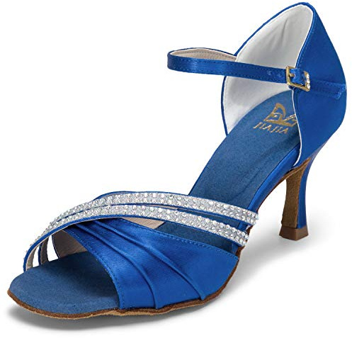 JIAJIA 20524 Latin Dam Sandaler 7,5 cm Flared Heel Super Satin Dansskor Färg Blå,Storlek 35 EU (2.5 UK)