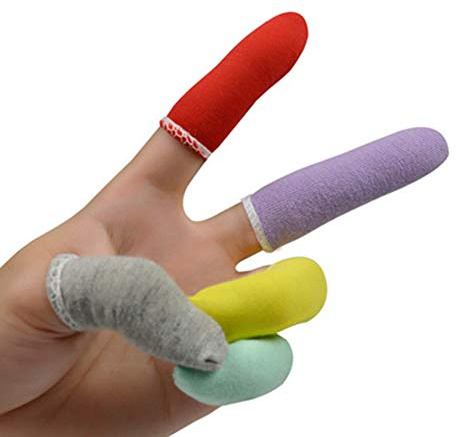 100 Pcs Finger Cots Cotton Material with Elasticity Finger Guards Hand Toe Thumb Fingertips Sleeves Protector by EORTA, Comfortable, Breathable, Absorb Sweat, Reusable, Random Color