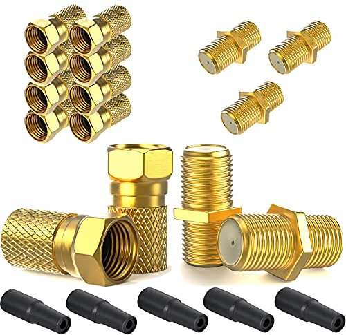 F-Stecker 7mm 10x + F-Verbinder 5x vergoldet 5x Gummitülle | Gummidichtung | breite Mutter schraubbar | Verlängerung für Koaxial Antennenkabel Koax SAT Kabel | BK Anlagen | Satelliten LNB Montage SET